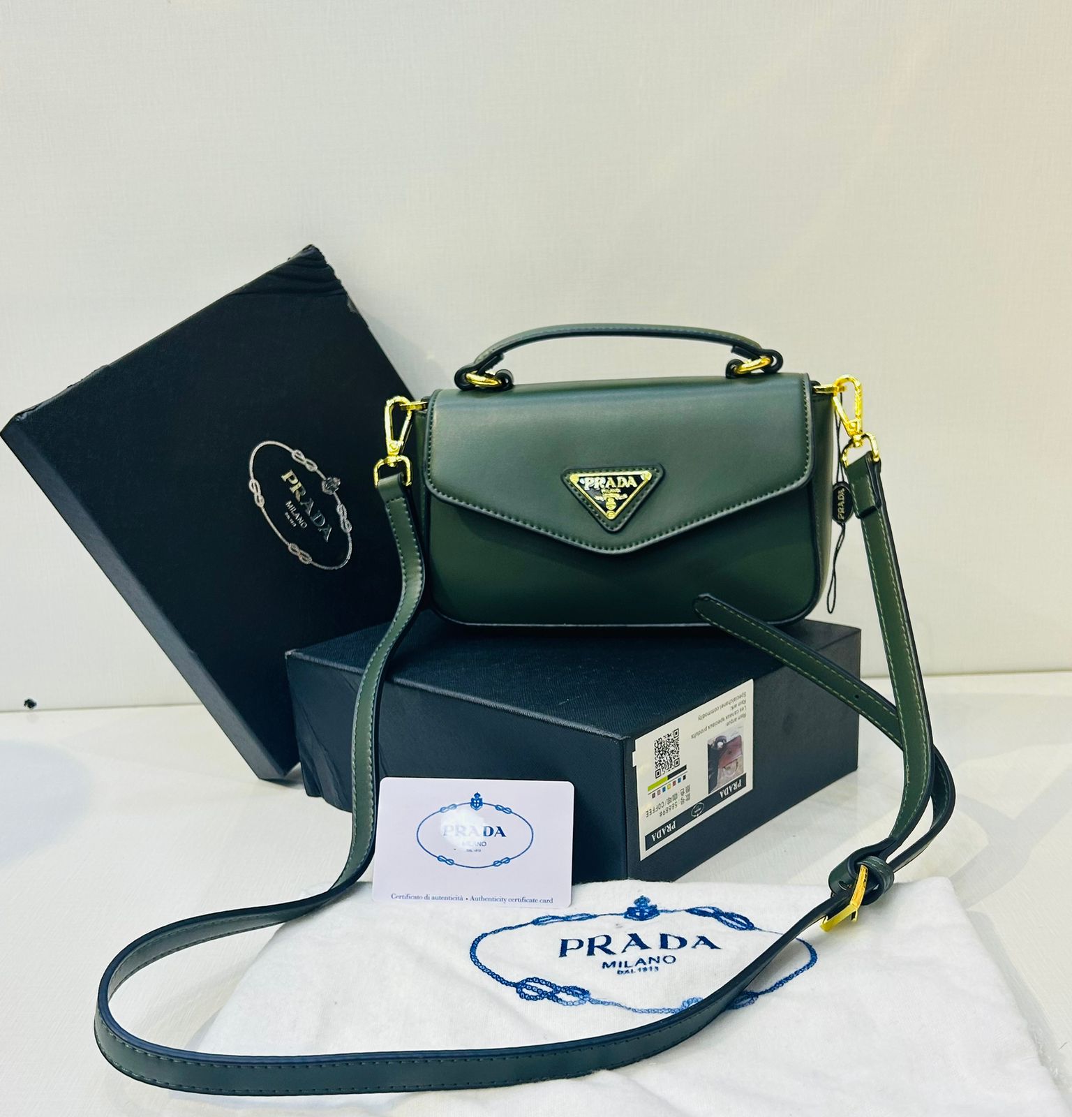 Prada Triangle Flap Leather Shoulder Bag Royal Green