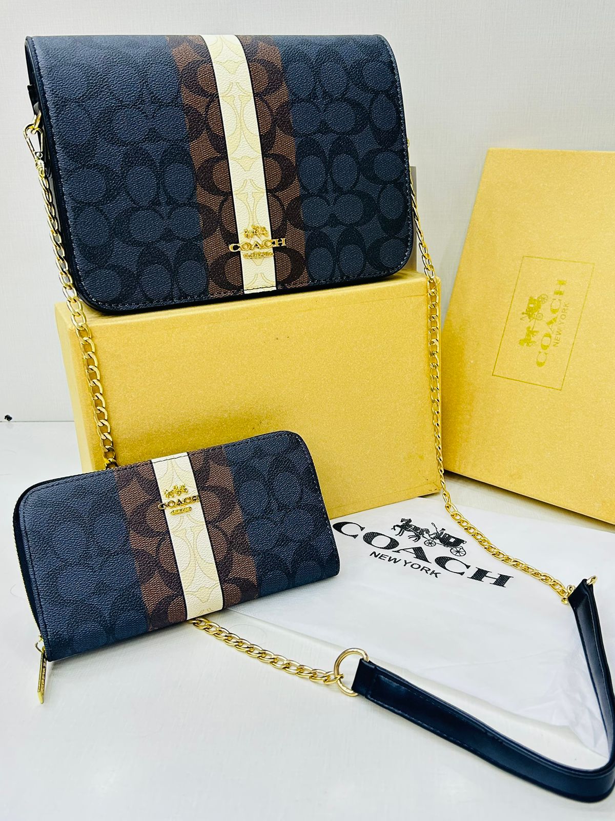 Coach crossbody bag navy blue with a matching long wallet
