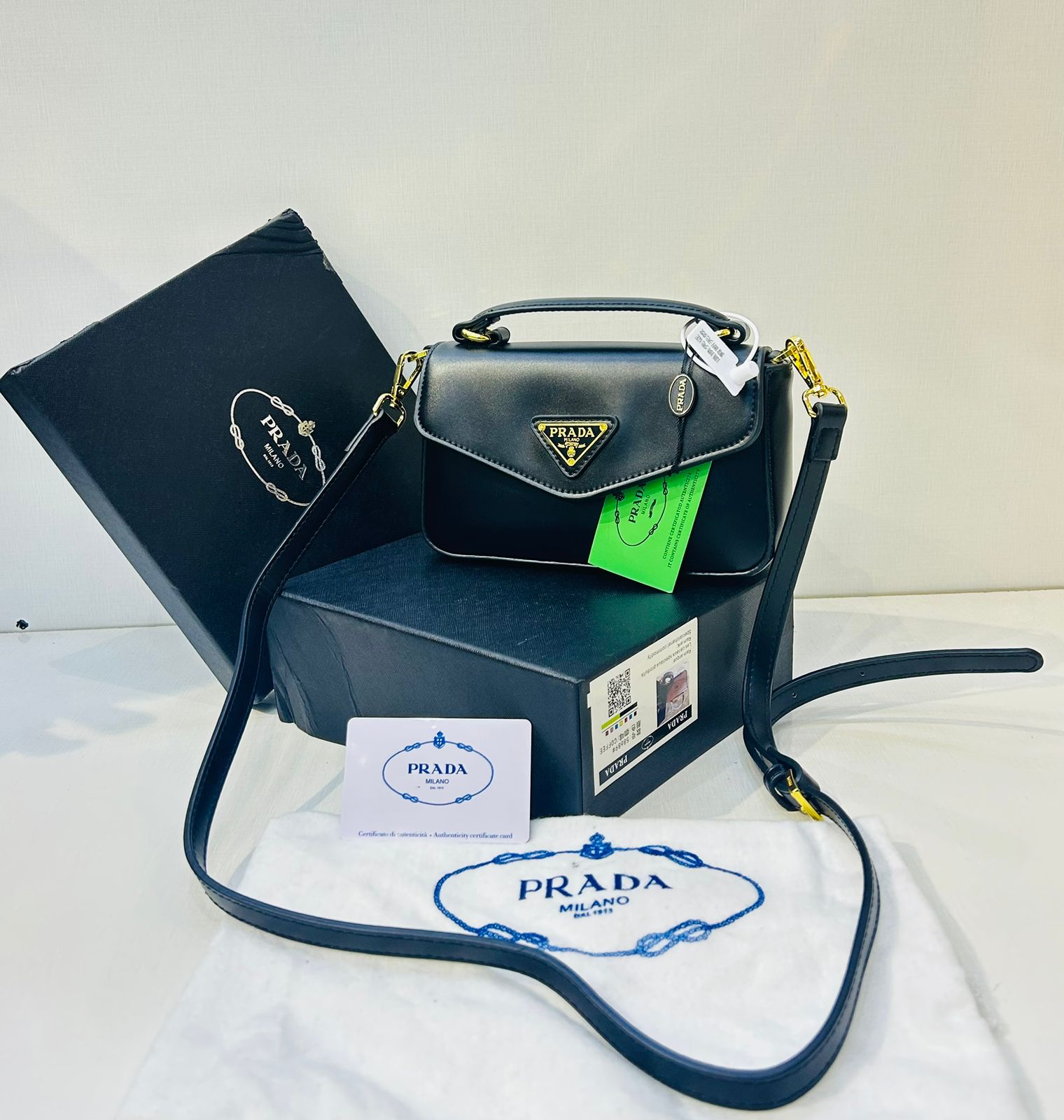 Prada Triangle Flap Leather Shoulder Bag Black