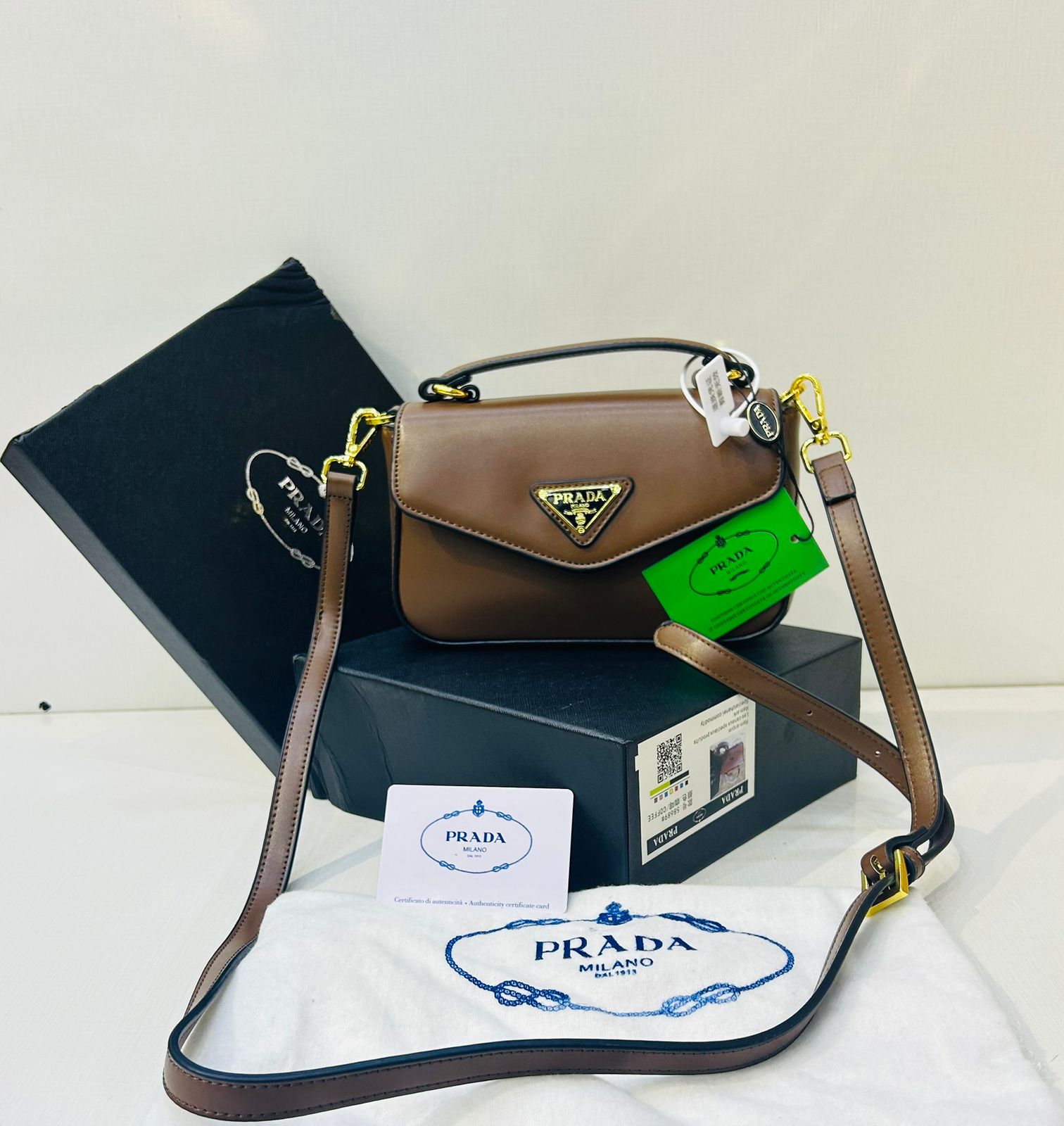 Prada Triangle Flap Leather Shoulder Bag Brown